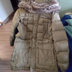 Eddie Bauer Women's Khaki Puffer Jacket with Fur Hood